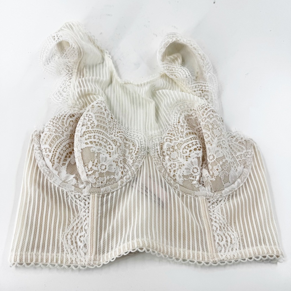 Victorias Secret Dream Angels Lined Demi Bra Top White Lace Striped 32D Longline